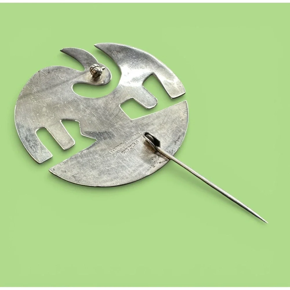 Mid Century Modern Peruvian Sterling Silver Bird Brooch Turquoise Artisan‎ Boho
